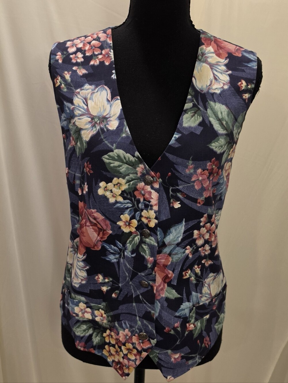 VTG Orvis Floral Vest S Women Navy Blue Waistcoat Button Up Cottagecore 90s